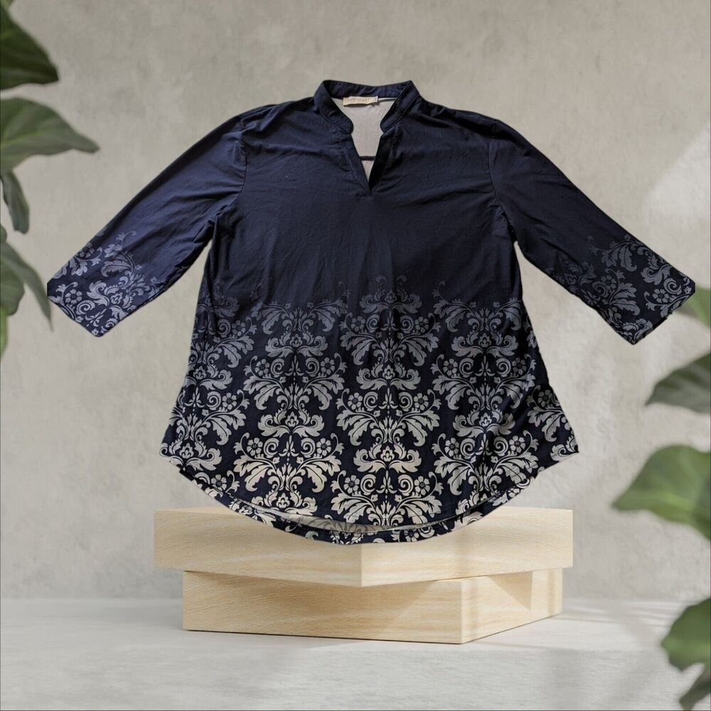 BaiSheng GT Top Shirt Womens 2XL Blue White Floral 3/4 Sleeve Polyester Blend